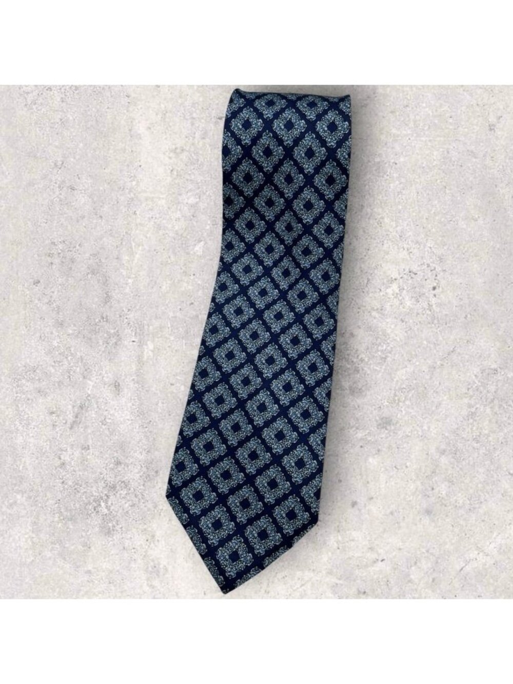 PIERRE BALMAIN Silk Tie ITALY Navy Blue Geometric Baroque W:3.8" EUC